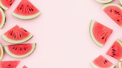 Slices of fresh watermelon arranged in border on pastel pink background, creating vibrant and refreshing summer theme