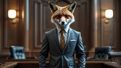 Majestic Fox in Business Attire with Realistic Fur Texture and Piercing Eyes, Seated in a Formal Courtroom with a Sophisticated Ambiance