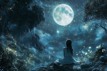 Fototapeta premium A woman sits looking at the moon in a starry night