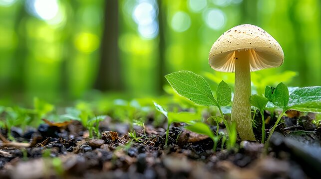Mushroom Growing in Forest Floor with Green Foliage Background