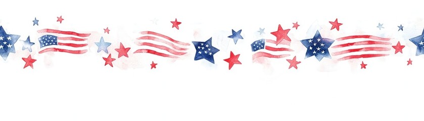 Patriotic watercolor border featuring American flags and stars in red, white, and blue