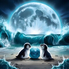 A beach and penguins where giant planets appear
