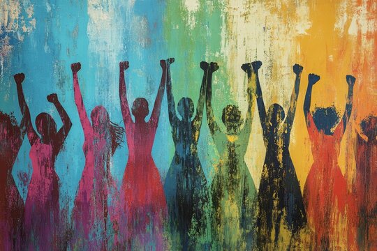 grunge painting of diverse women with raised fists protesting, made with ai