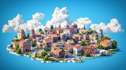 Fototapeta premium Idyllic Island Town 3D Rendered Cityscape Mediterranean Architecture High Resolution I