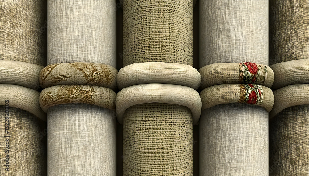 Poster abstract textured background featuring tightly bound beige and brown fabric rolls with intricate wov