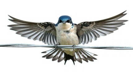 Obraz premium A close-up of a swallow bird perched on a wire with wings spread.