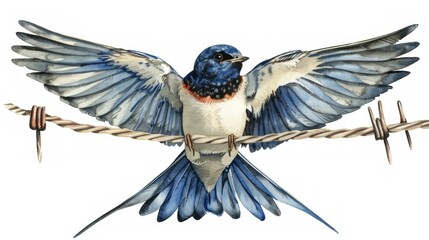 Obraz premium A close-up of a swallow bird perched on a wire with wings spread.