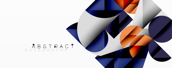 Abstract geometric design with intersecting circles, triangles, squares and sharp angles creating a layered composition with gradients, depth, and contrast