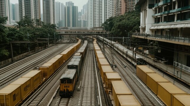 Yellow Cargo Train on Urban Railway Tracks Amidst City Buildings