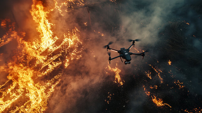 Aerial photography with drones of a raging fire in forest