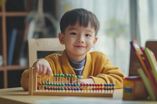 Teacher and little cute boy sitting at desk doing math using abacus doing homework early education