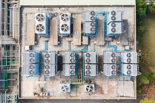 Industrial HVAC Cooling System Rooftop Aerial View Equipment Lay