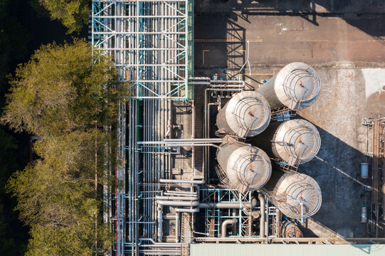 Aerial Brewery Tanks and Industrial Piping Infrastructure