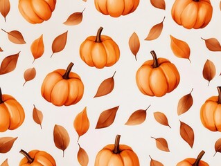 Seamless pattern of orange pumpkins and brown leaves on light background, evoking autumnal and festive atmosphere