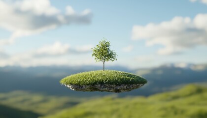A solitary tree grows on a floating island, surrounded by lush greenery and a blue sky, creating a serene and surreal landscape.
