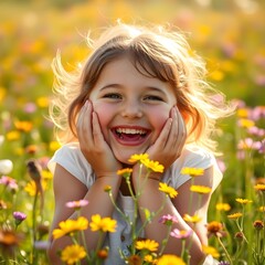Fototapeta premium A young girl laughing with her hands on her cheeks, her eyes full of excitement.