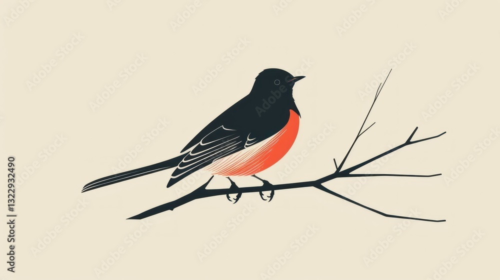 Poster a minimal vector bird perched on a branch with clean lines.