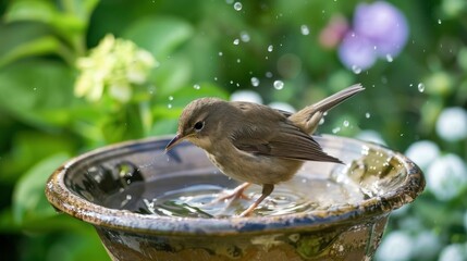 A small bird splashing water in a garden birdbath.