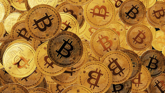 Golden Bitcoins concept  background texture