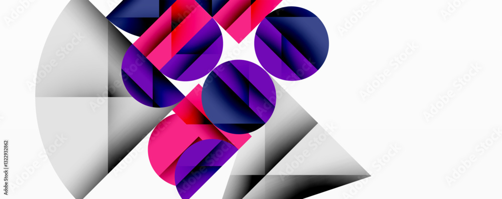Poster Abstract geometric artwork with overlapping circles and gradients, circle square triangle shapes background featuring sharp angular cuts, smooth shading, and structured layered composition