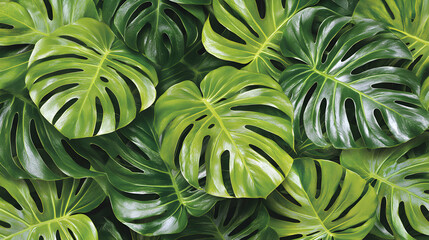 Lush green Monstera deliciosa leaves, vibrant tropical foliage background. Perfect for design projects, websites, or print media.