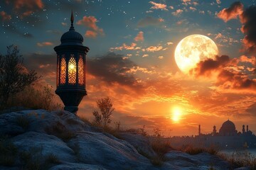 Mystical Sunset with Lantern and Mosque