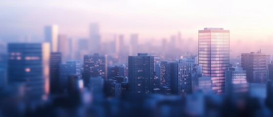 Fototapeta premium A blurred city skyline at dawn, showcasing tall buildings under a soft pastel sky, creating a tranquil urban atmosphere.
