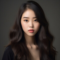 Naklejka premium Close-up face of attractive asian girl with black long straight hair and natural makeup, studio shot. Portrait of beautiful asian woman with professional makeup and hairstyle. Skin care. AI generated
