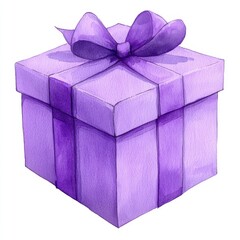 Obraz premium Elegant Purple Gift Box with Bow Wrapped in Watercolor Style for Celebrations and Special Occasions
