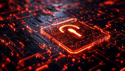 A glowing padlock symbol on a modern computer motherboard