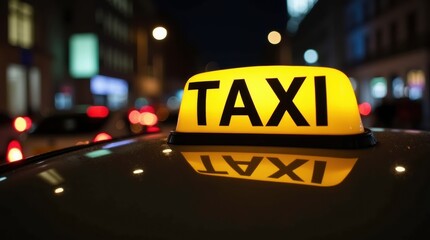 A yellow taxi cab illuminated on a busy city street with neon signs, capturing the essence of urban nightlife