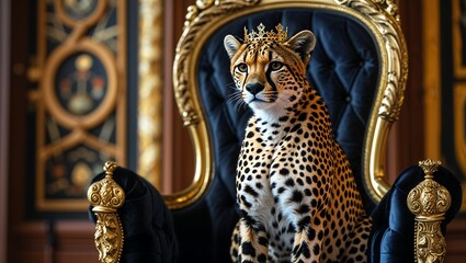 Cinematic Animal Portrait of a Regal Leopard in a Museum-Like Palace Interior, Surrounded by Gilded Furniture and Renaissance Masterpieces