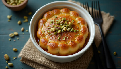 Delicious Arabic Dessert - Kunafa with Pistachios, Served in a White Bowl, Close Up, Food Photography.