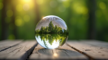 A crystal ball resting on a rustic wooden table, reflecting an upside-down image of a lush green forest