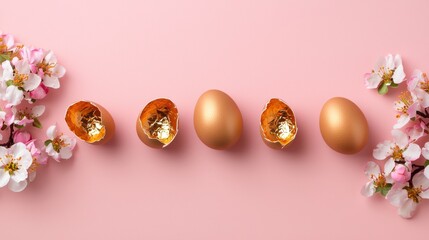 A beautiful display of golden eggs and flowers on a soft pink background, perfect for spring celebrations.