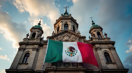 Fototapeta premium A large Mexican flag displayed on a historic building in Mexico City