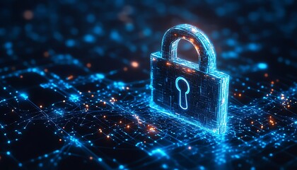 A glowing digital padlock sits in a network of interconnected lines