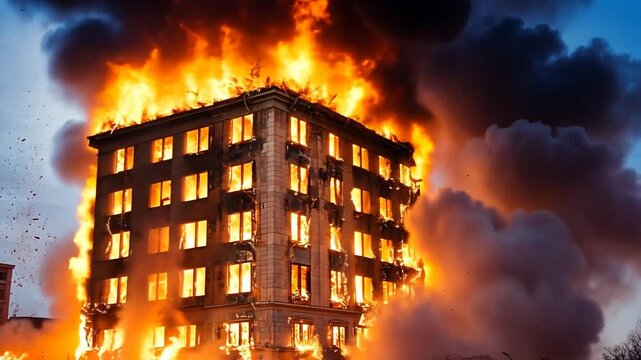 Dramatic footage of a building engulfed in flames with intense heat and billowing smoke
