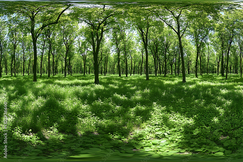 Poster lush green forest floor with dappled sunlight filtering through the canopy of trees, creating a sere
