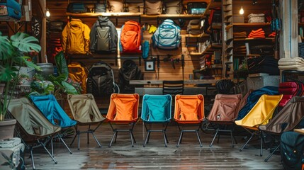 Brightly colored chairs are arranged in a line inside an outdoor gear shop. Various backpacks are displayed on the wall, creating a vibrant atmosphere in daylight.