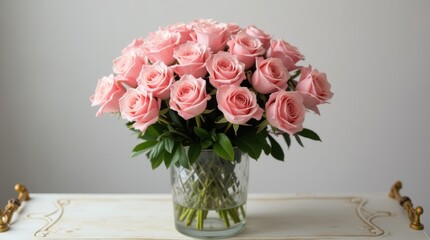 Obraz premium A luxurious setting featuring a grand bouquet of pink roses in a crystal vase