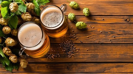 Two mugs of beer placed together with fresh hops on table, showcasing the ingredients and craftsmanship of brewing process