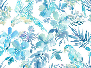 A seamless pattern of hand-painted watercolor hibiscus and monstera, parrots, tropical foliage, and gold line art. A hand-drawn tropical plants and birds summer wallpaper with transparent background.
