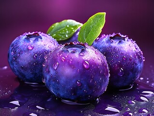 Close-up of fresh blueberries with water droplets and green leaves on a vibrant purple background