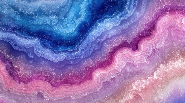 Vibrant layered agate,  showing a spectrum of colors including blues, pinks, purples and iridescent shimmer