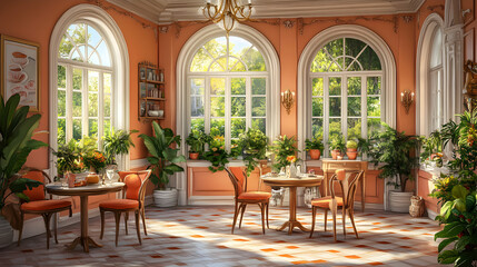 Fototapeta premium Sunlit conservatory with elegant furniture, plants, and arched windows. Peaceful and luxurious interior design.
