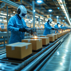 Obraz premium Automated factory scene with robotic arms assembling packages efficiently. advanced technology enhances productivity and precision in manufacturing processes