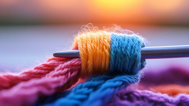 Close-up of Crocheting Hook Tangled in Holi-Color Yarn