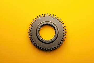 Metallic Gear With Teeth Centered Against Yellow Background