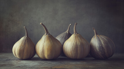 Fototapeta premium A collection of acorn squashes artistically arranged on a flat surface, softly illuminated to enhance their unique textures and earthy tones. The smooth, monochromatic background highlights their na